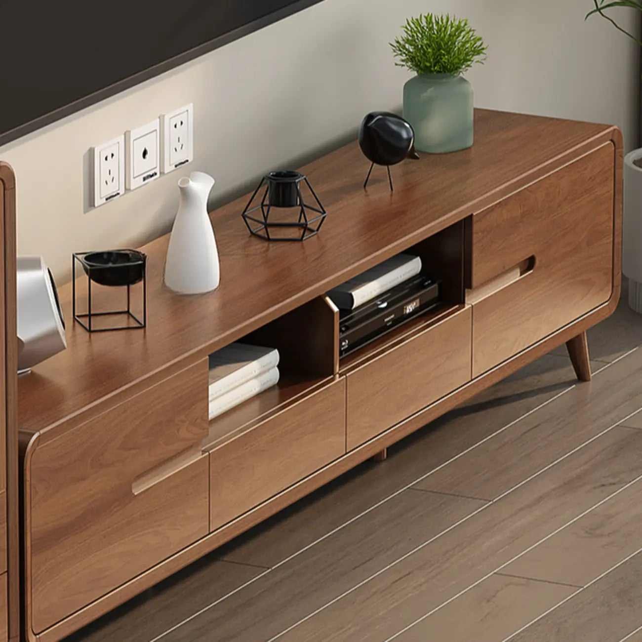 Scandinavian Wood TV Stand with Drawers and Cable Management