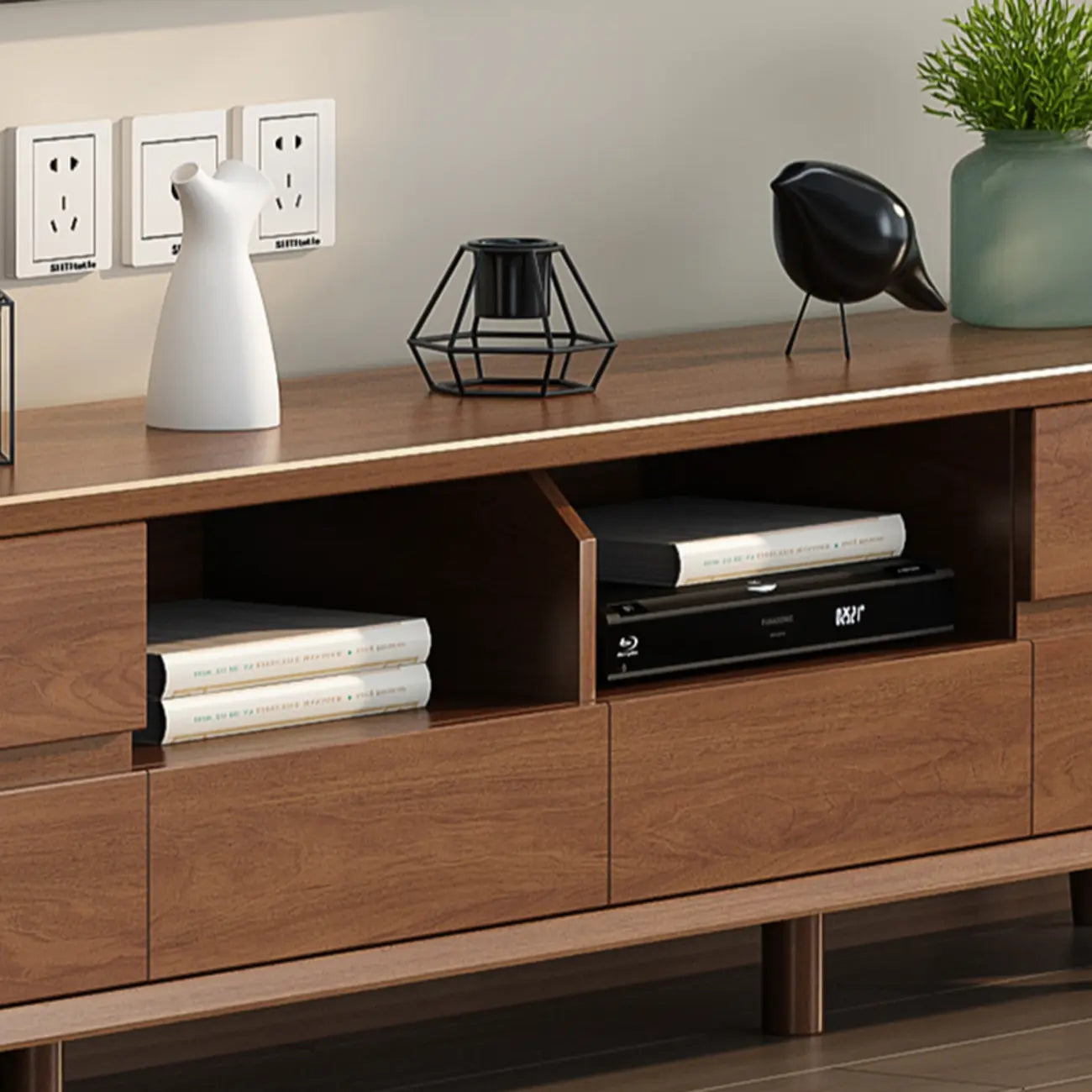 Scandinavian Wood TV Stand with Drawers and Cable Management