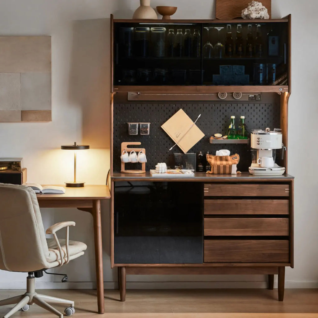 Trendy Wood Brown Slatted Doors Sideboard Pegboard Back