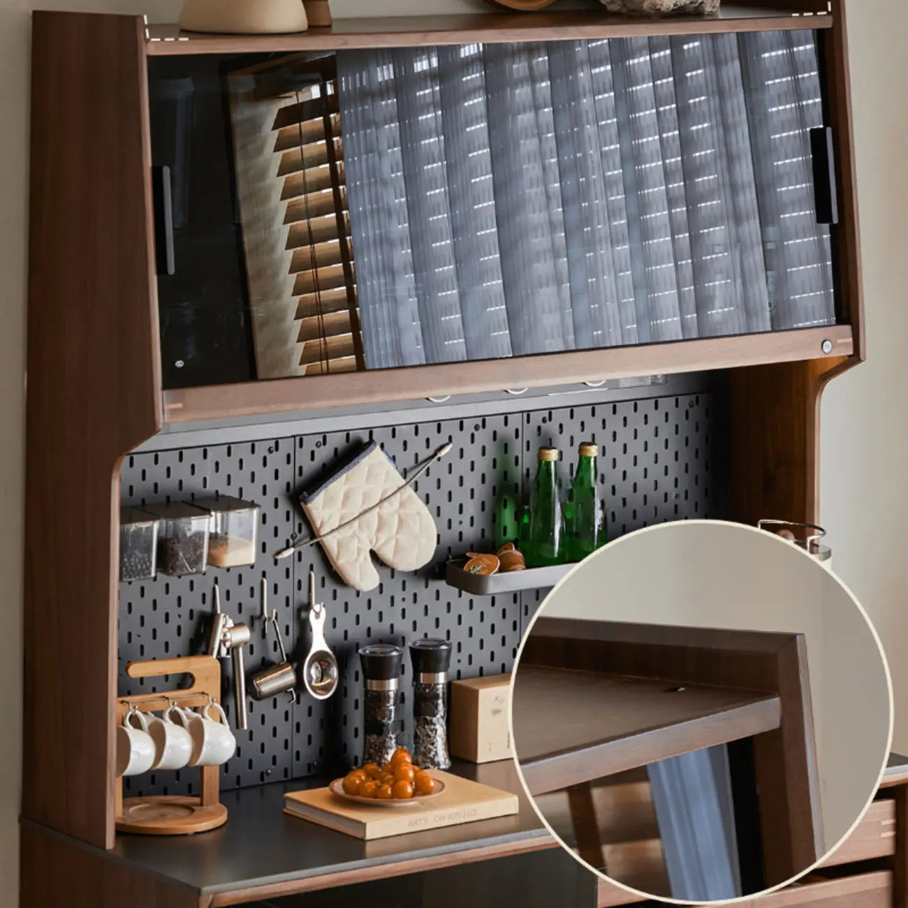 Trendy Wood Brown Slatted Doors Sideboard Pegboard Back