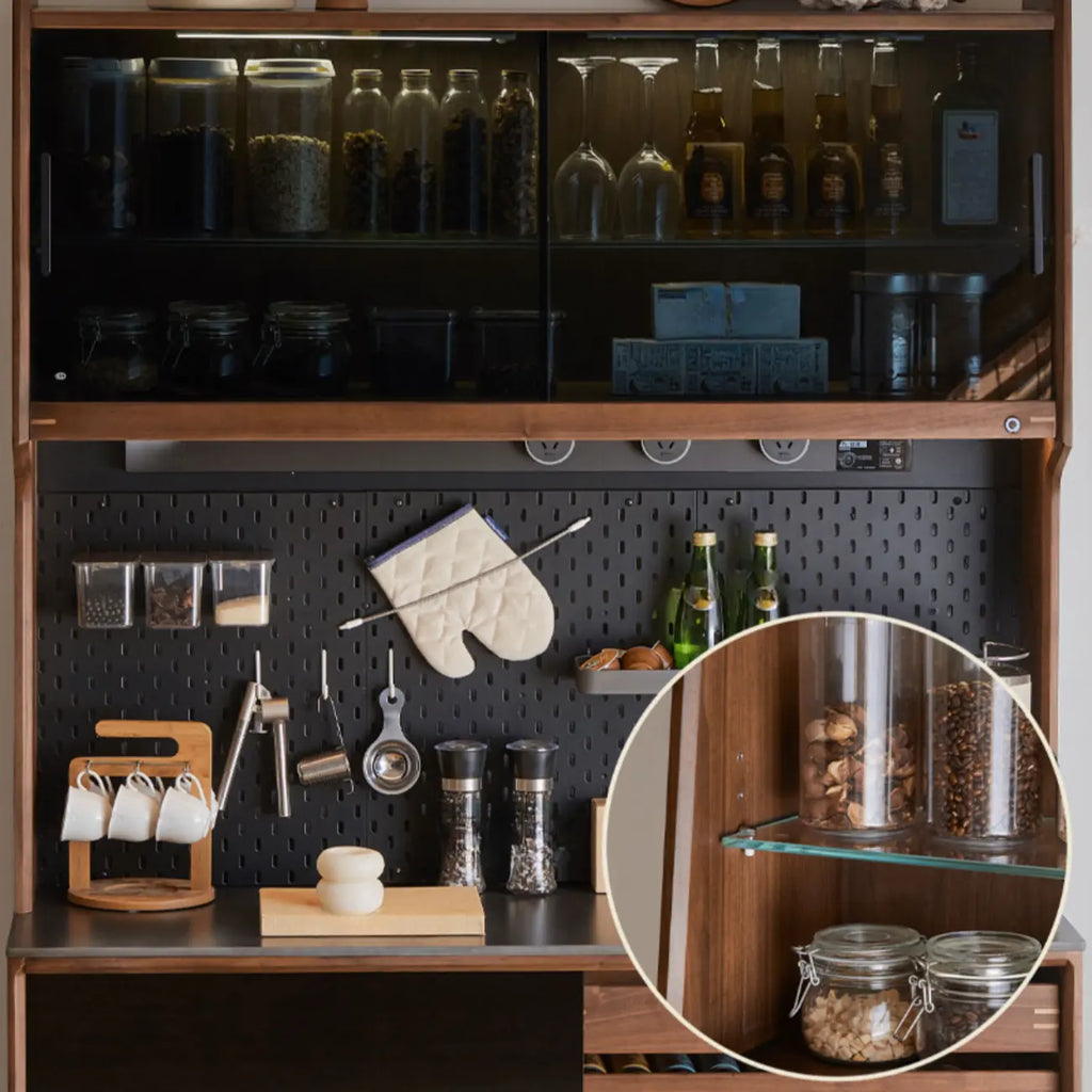 Trendy Wood Brown Slatted Doors Sideboard Pegboard Back