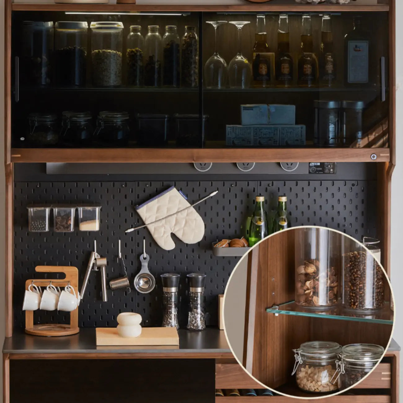 Trendy Wood Brown Slatted Doors Sideboard Pegboard Back