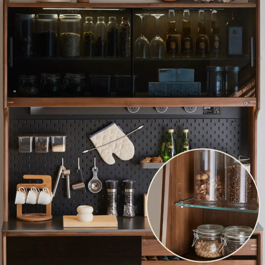 Trendy Wood Brown Slatted Doors Sideboard Pegboard Back