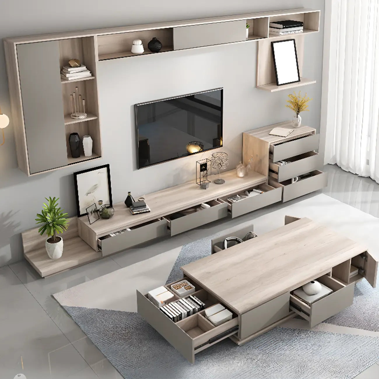 Wooden Scandinavian TV Stand with Storage Shelves