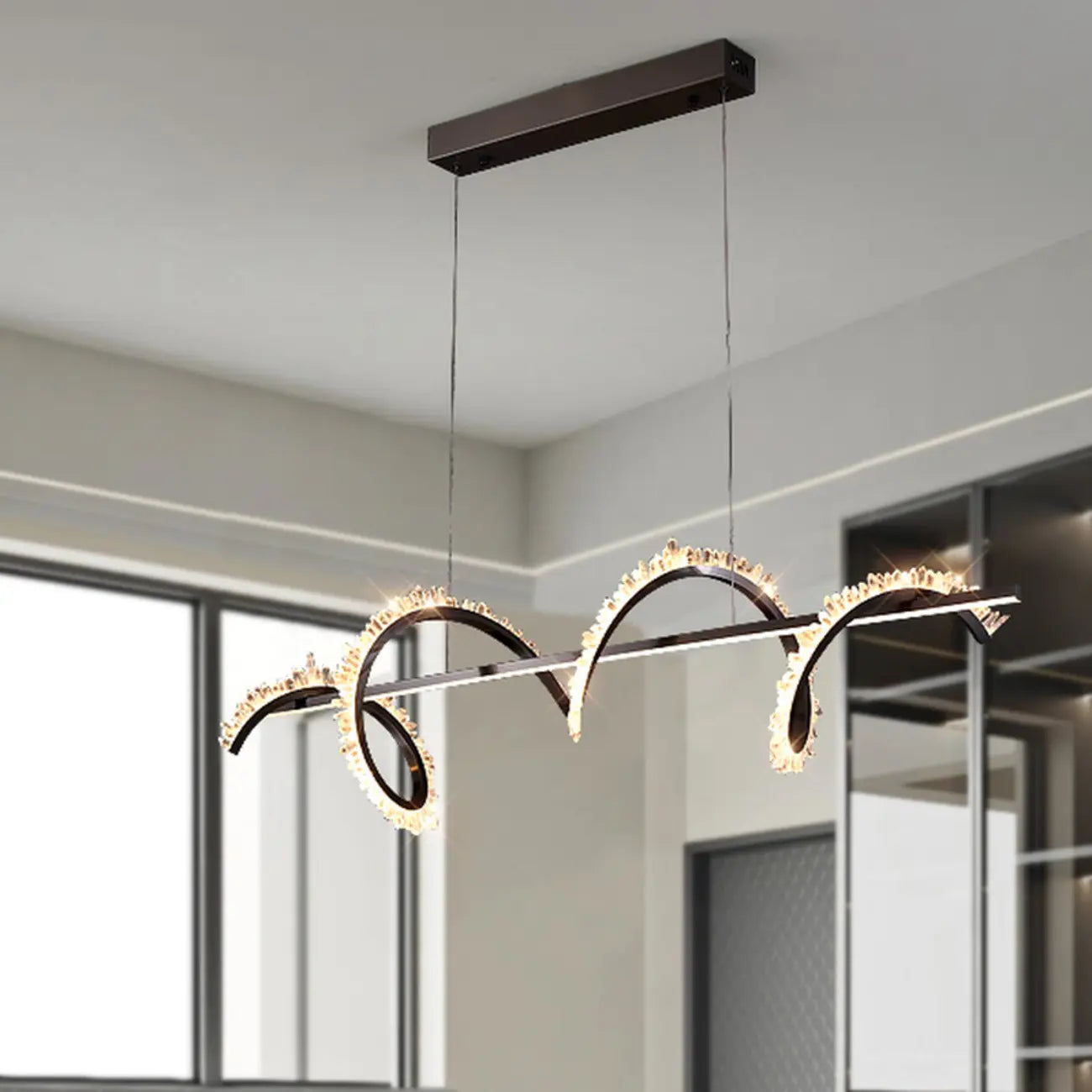 Swirl 2-Light Linear Crystal Black Pendant Light for Kitchen
