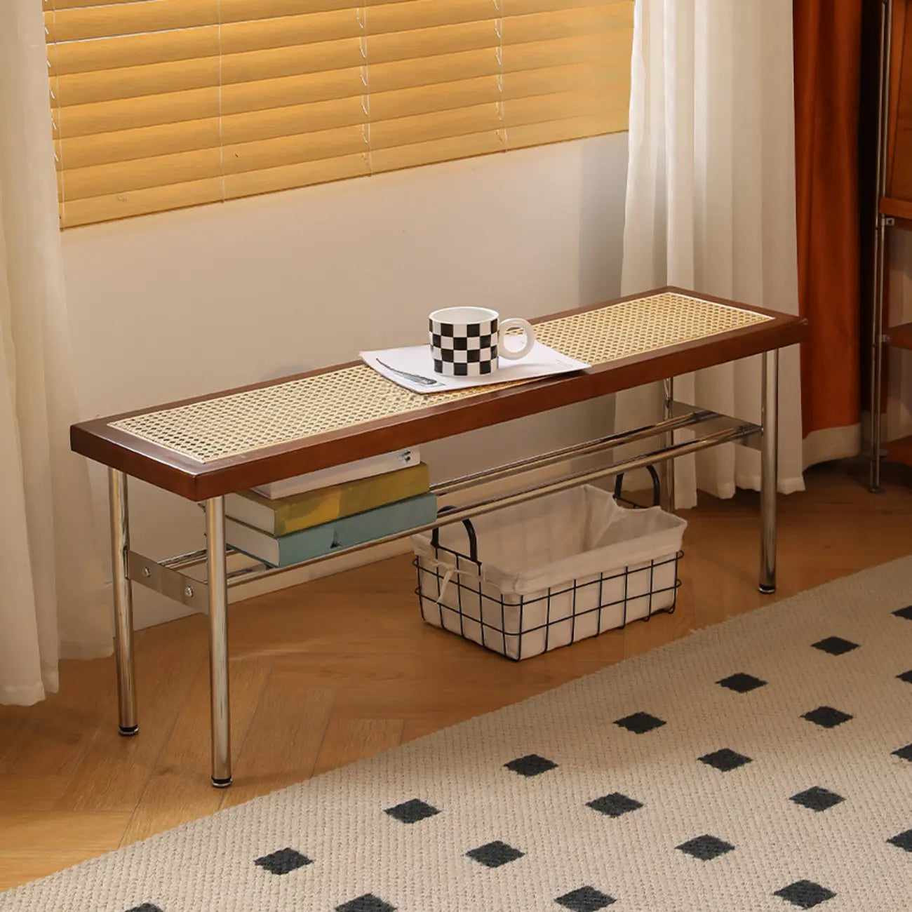 Retro Charming Rattan Metal Living Room Bench with Storage