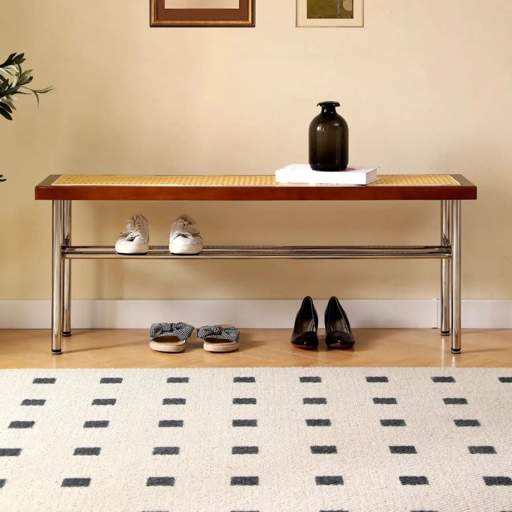 Retro Charming Rattan Metal Living Room Bench with Storage