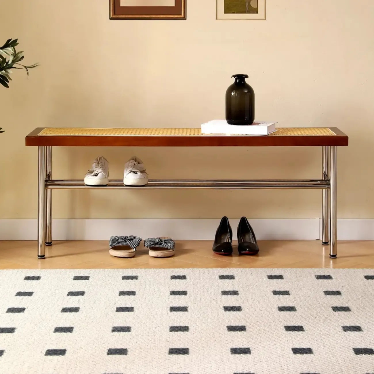 Retro Charming Rattan Metal Living Room Bench with Storage