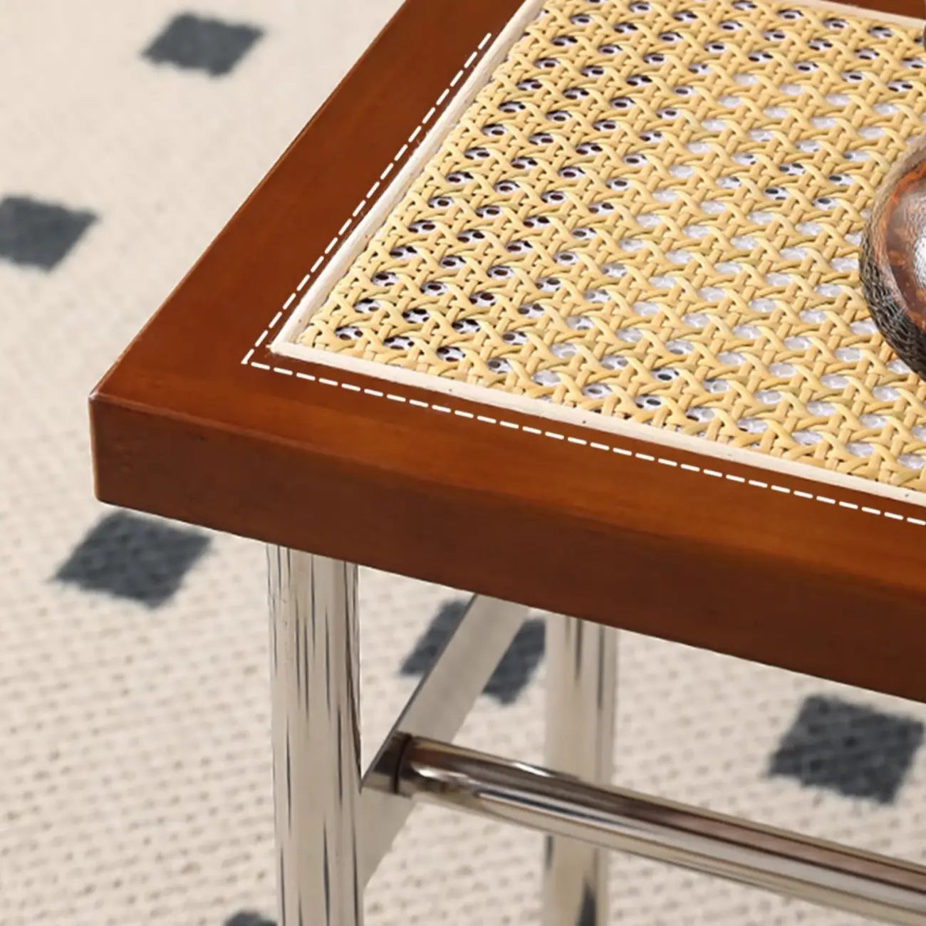 Retro Charming Rattan Metal Living Room Bench with Storage