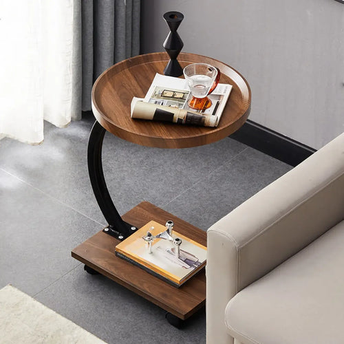 Adjustable Round Wood C-Shaped Wheel Side Table