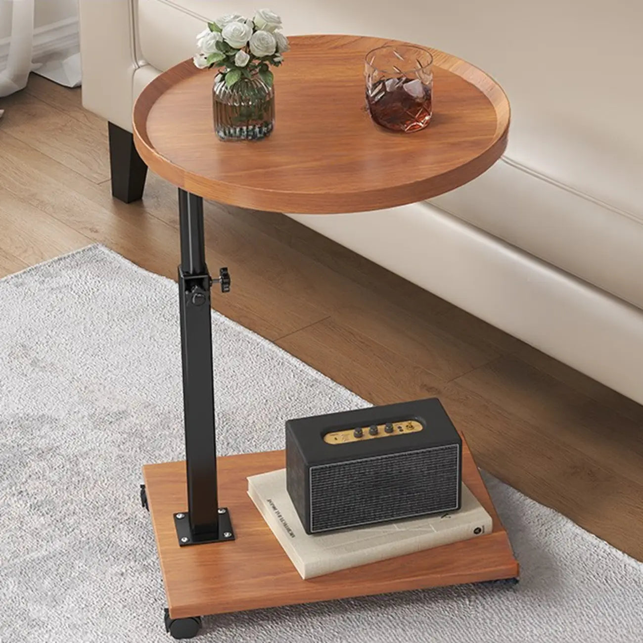 Adjustable Round Wood C-Shaped Wheel Side Table