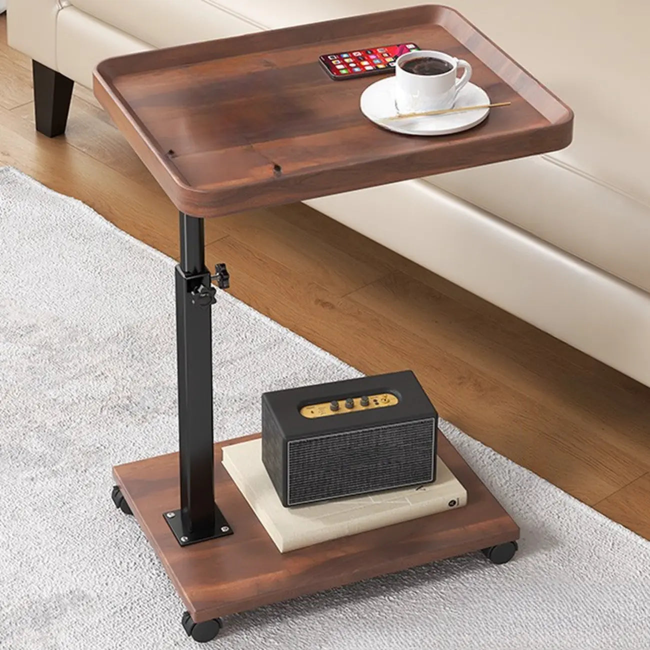 Adjustable Round Wood C-Shaped Wheel Side Table