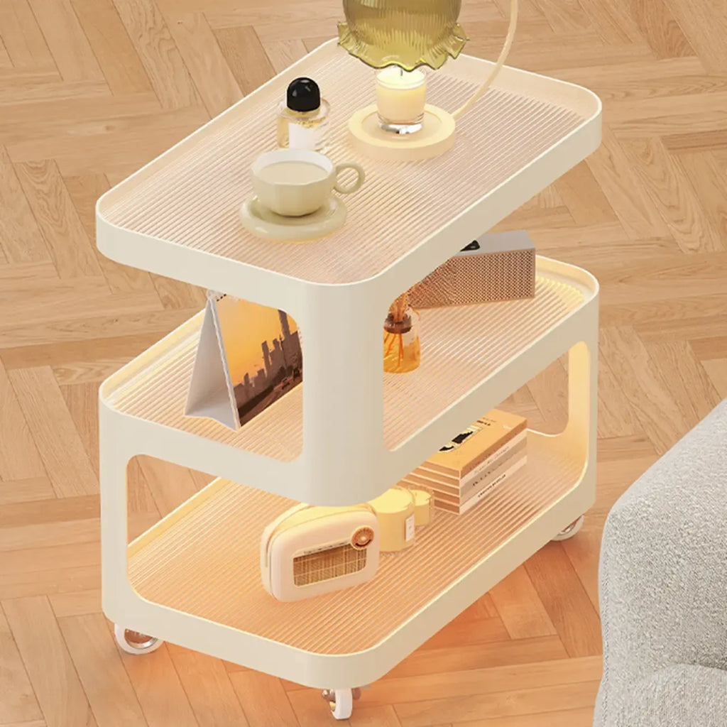 Modern White Glass Shelf 3-Tier Rolling Side Table