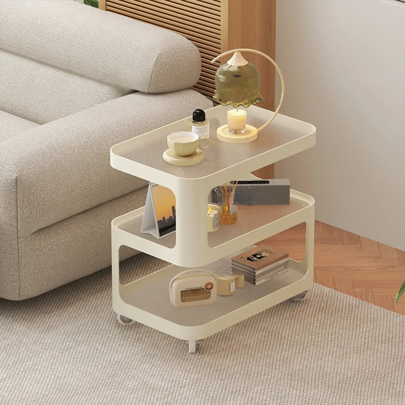 Modern White Glass Shelf 3-Tier Rolling Side Table