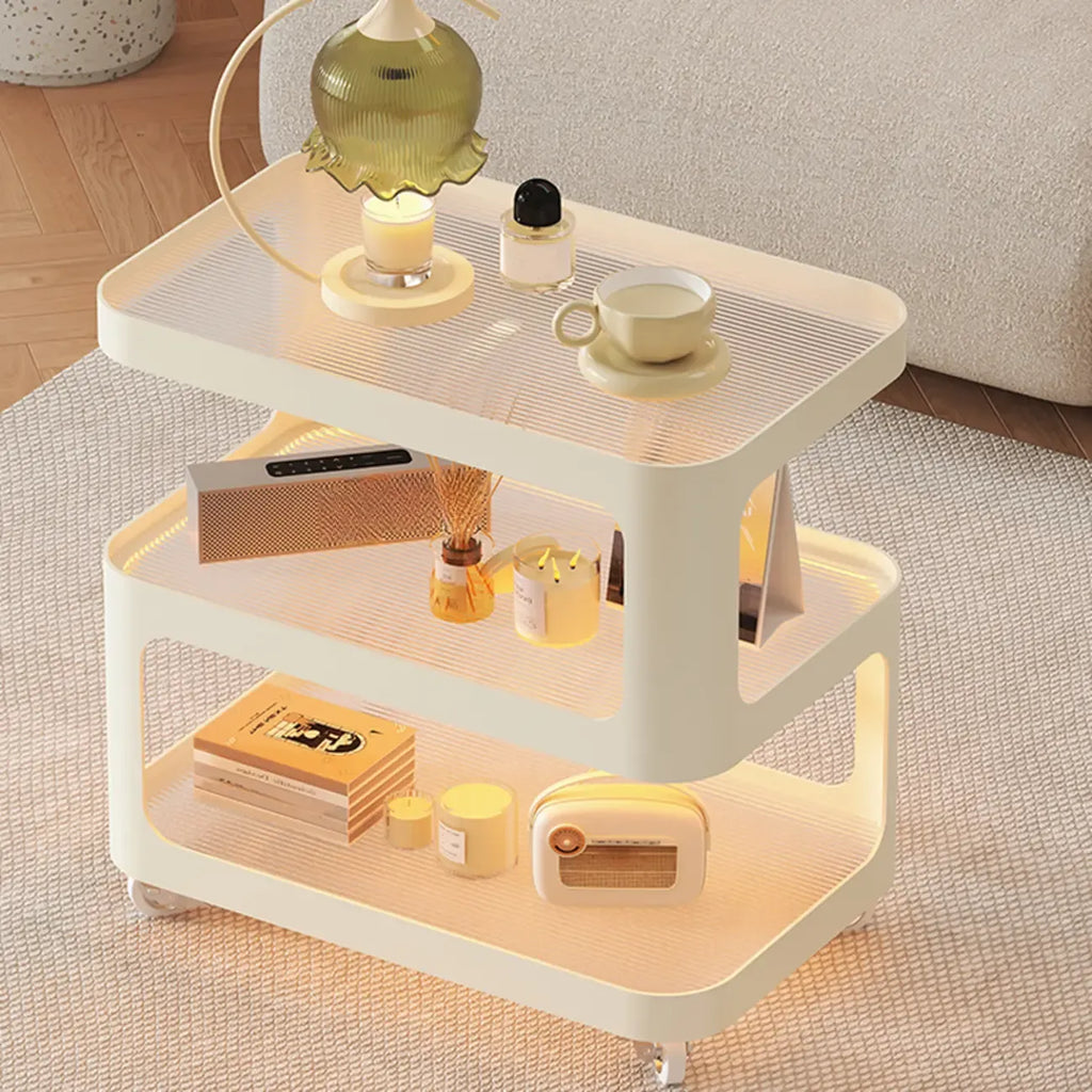 Modern White Glass Shelf 3-Tier Rolling Side Table