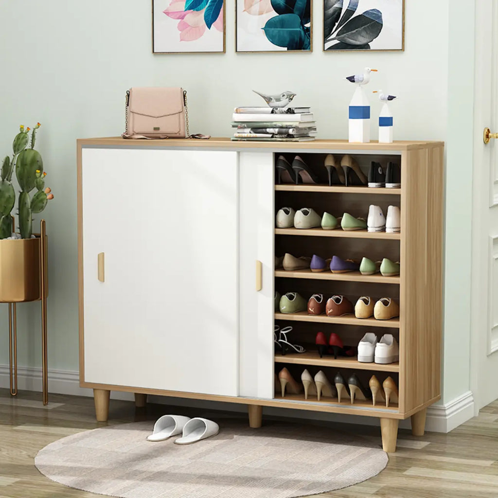 Freestanding Spacious Sliding Door 6-Tier Wood Shoe Cabinet
