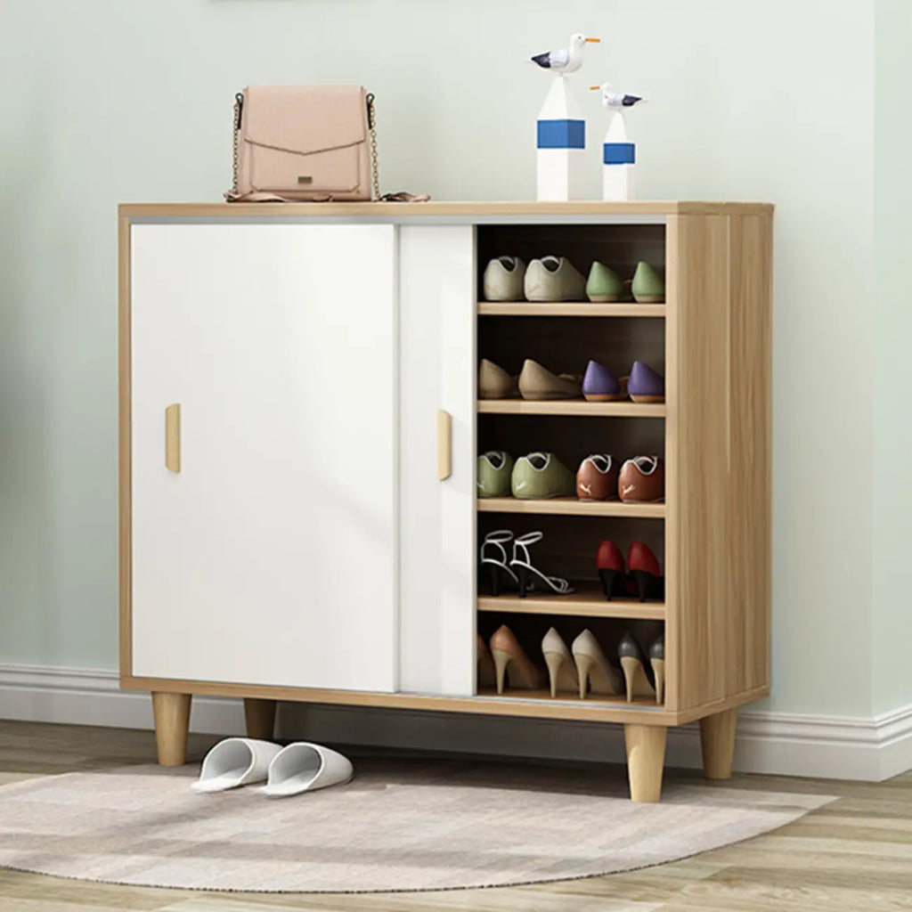 Freestanding Spacious Sliding Door 6-Tier Wood Shoe Cabinet
