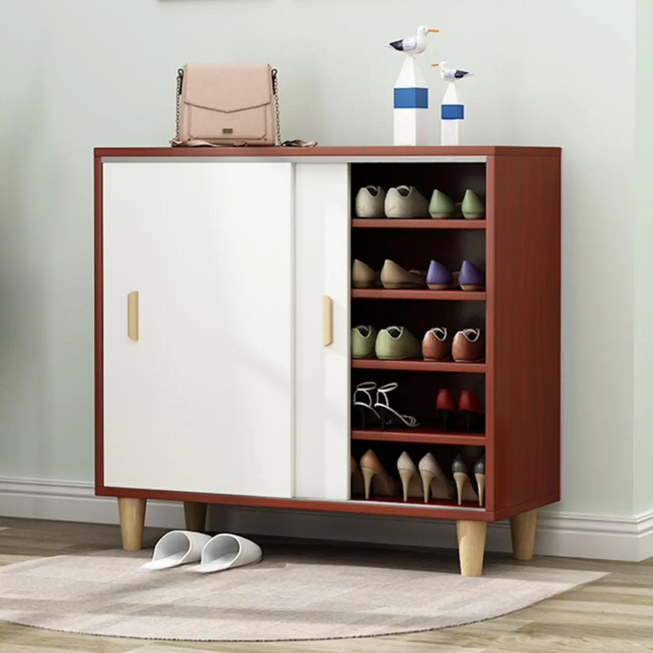 Freestanding Spacious Sliding Door 6-Tier Wood Shoe Cabinet