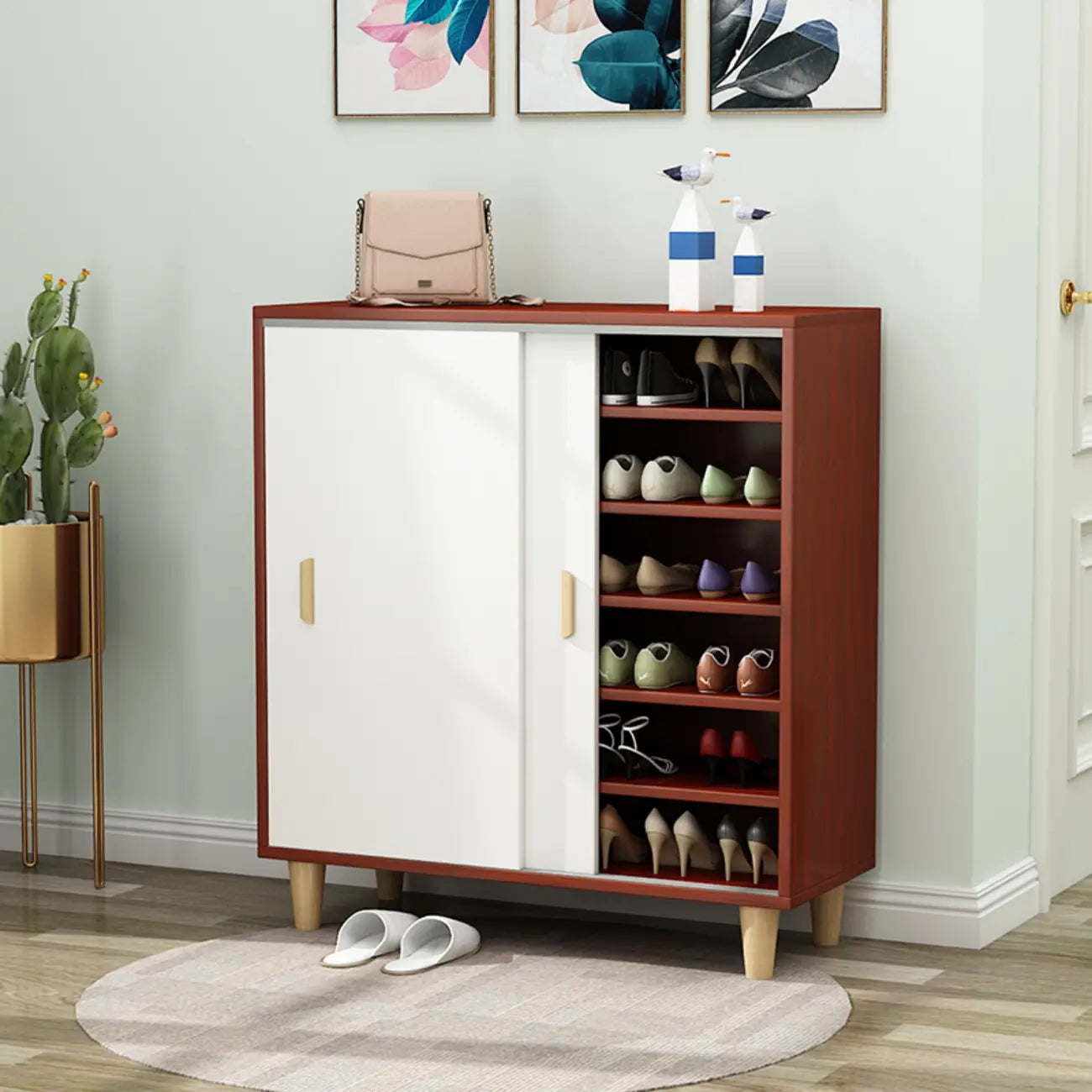 Freestanding Spacious Sliding Door 6-Tier Wood Shoe Cabinet