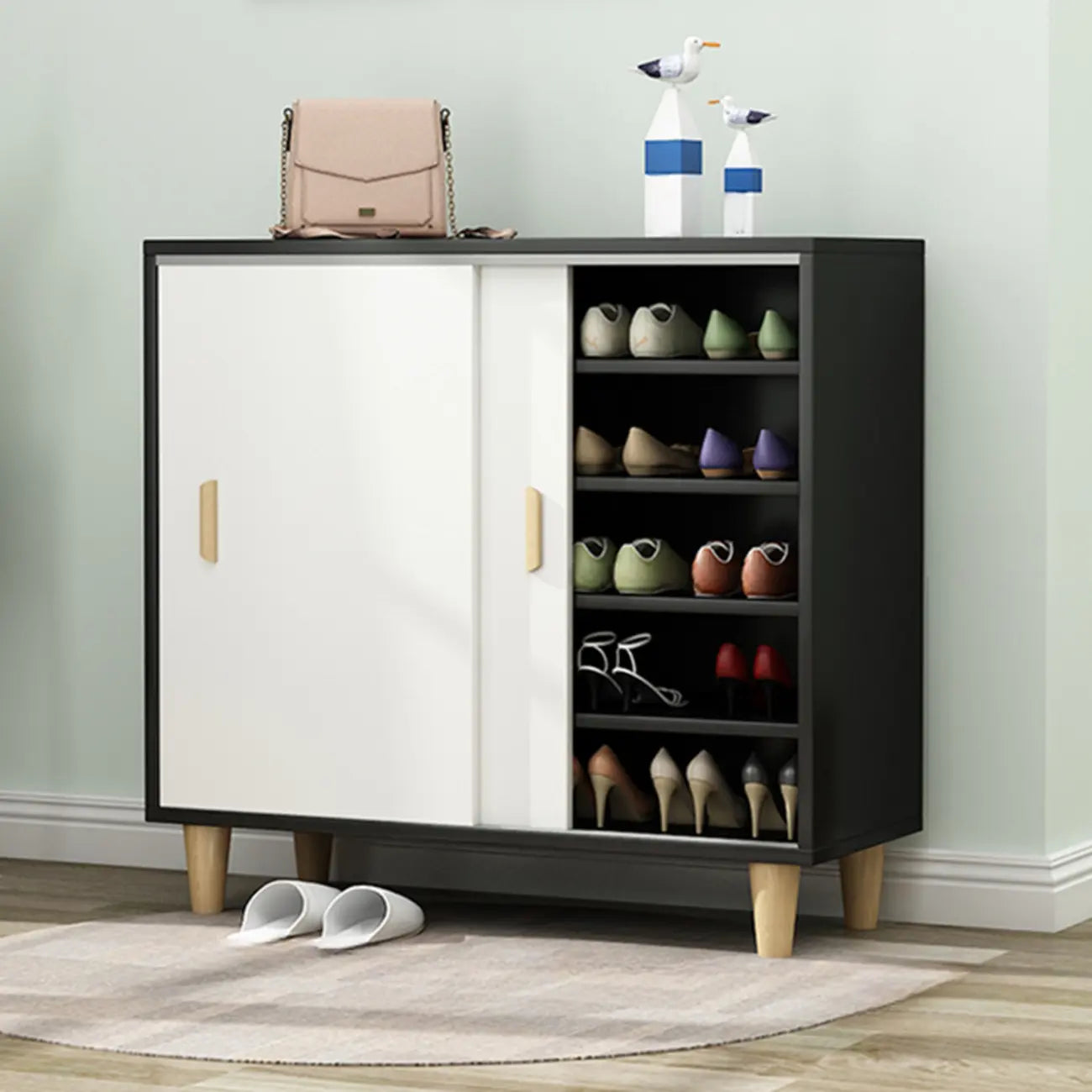 Freestanding Spacious Sliding Door 6-Tier Wood Shoe Cabinet