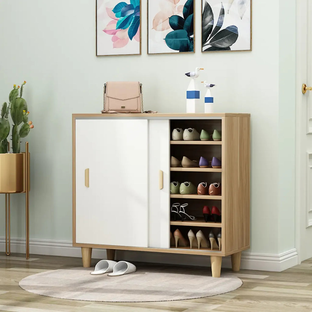 Freestanding Spacious Sliding Door 6-Tier Wood Shoe Cabinet