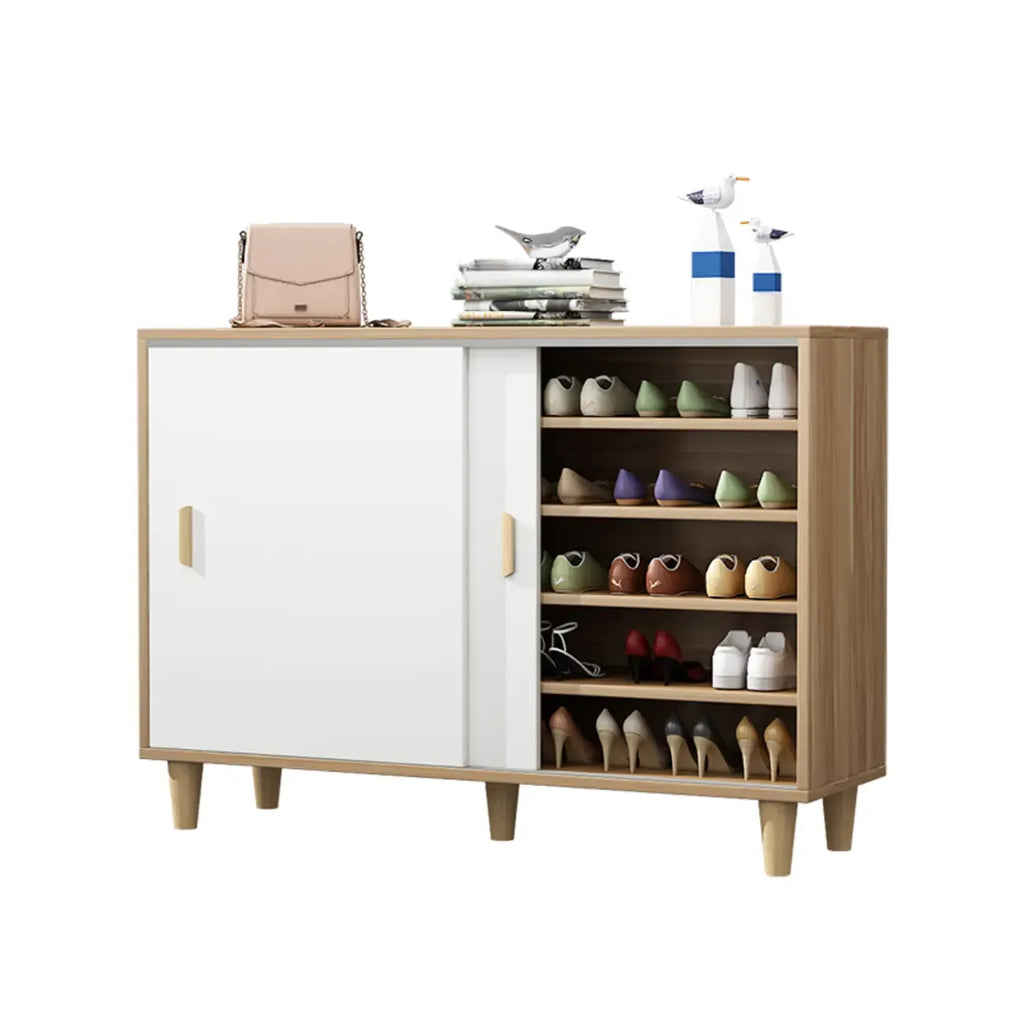 Freestanding Spacious Sliding Door 6-Tier Wood Shoe Cabinet