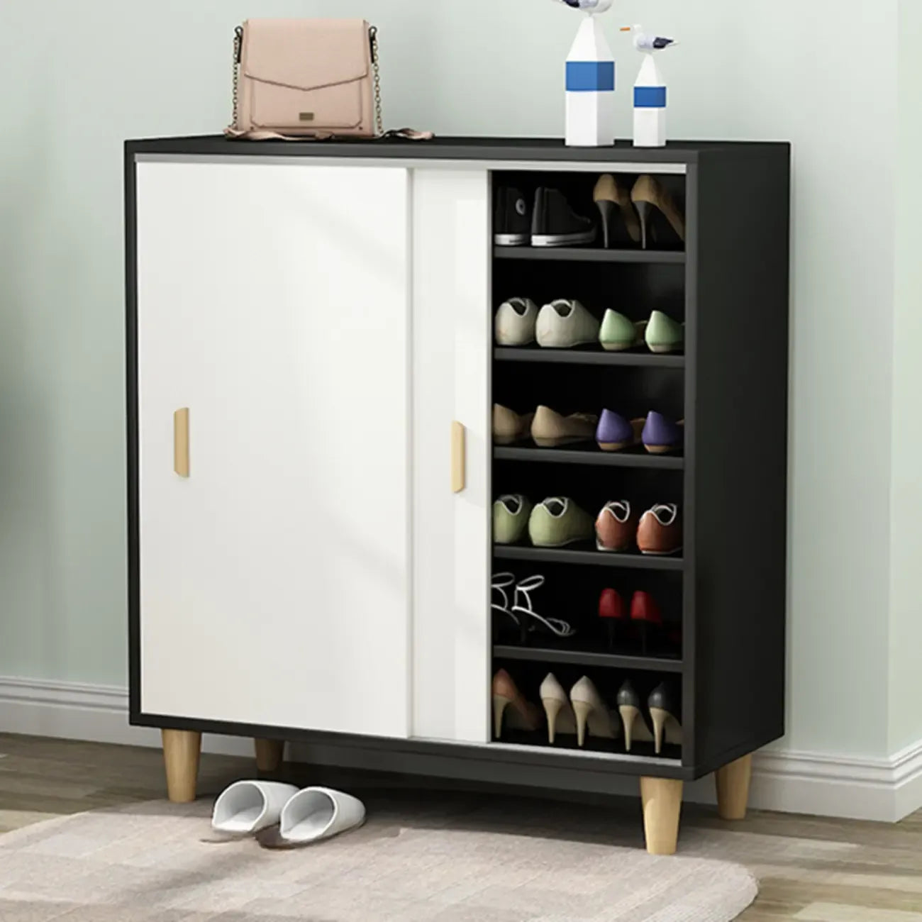 Freestanding Spacious Sliding Door 6-Tier Wood Shoe Cabinet