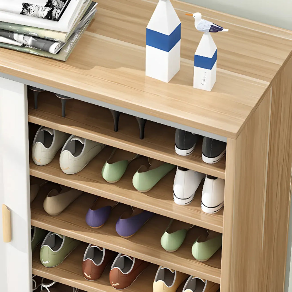 Freestanding Spacious Sliding Door 6-Tier Wood Shoe Cabinet