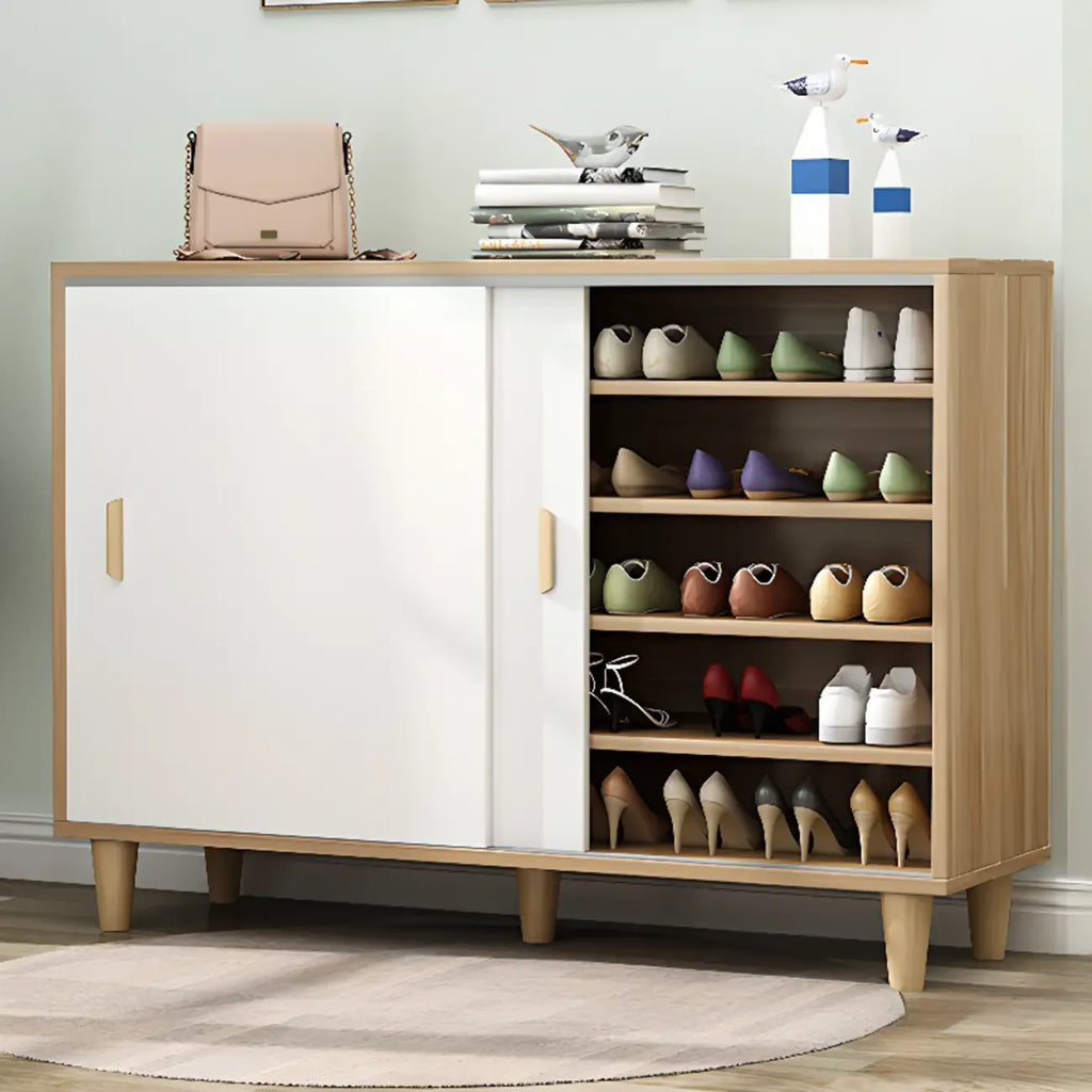 Freestanding Spacious Sliding Door 6-Tier Wood Shoe Cabinet