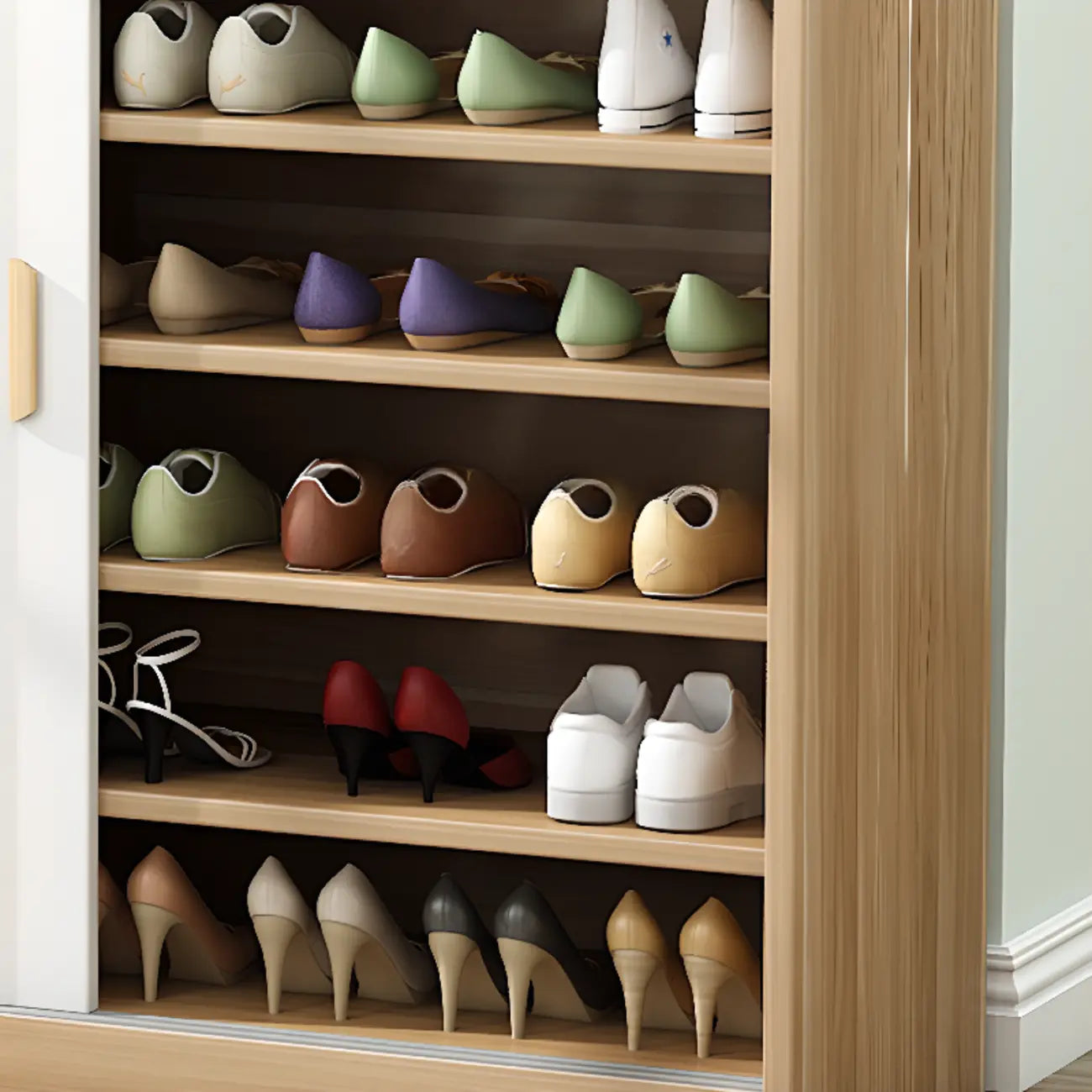 Freestanding Spacious Sliding Door 6-Tier Wood Shoe Cabinet