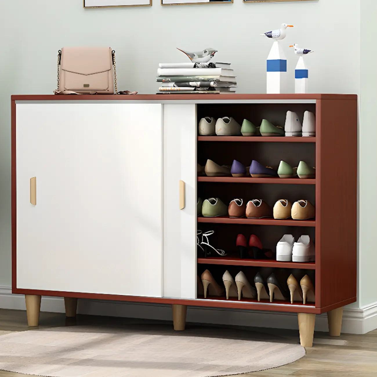 Freestanding Spacious Sliding Door 6-Tier Wood Shoe Cabinet