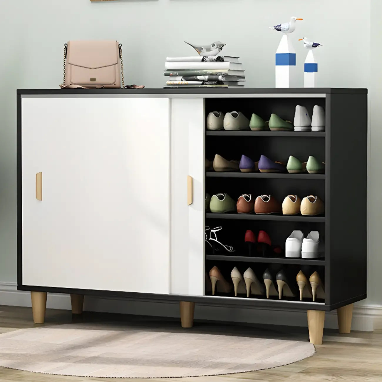 Freestanding Spacious Sliding Door 6-Tier Wood Shoe Cabinet