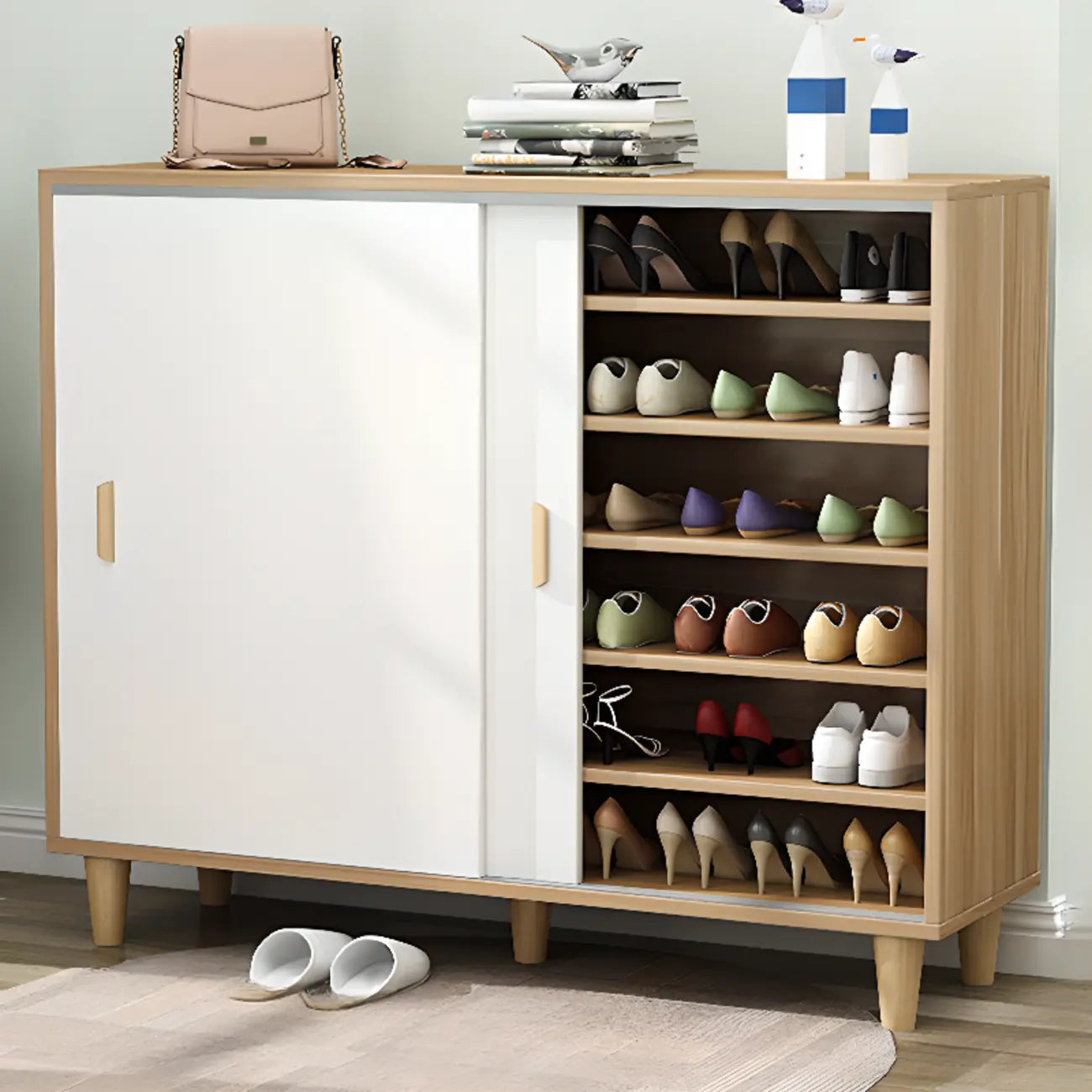 Freestanding Spacious Sliding Door 6-Tier Wood Shoe Cabinet