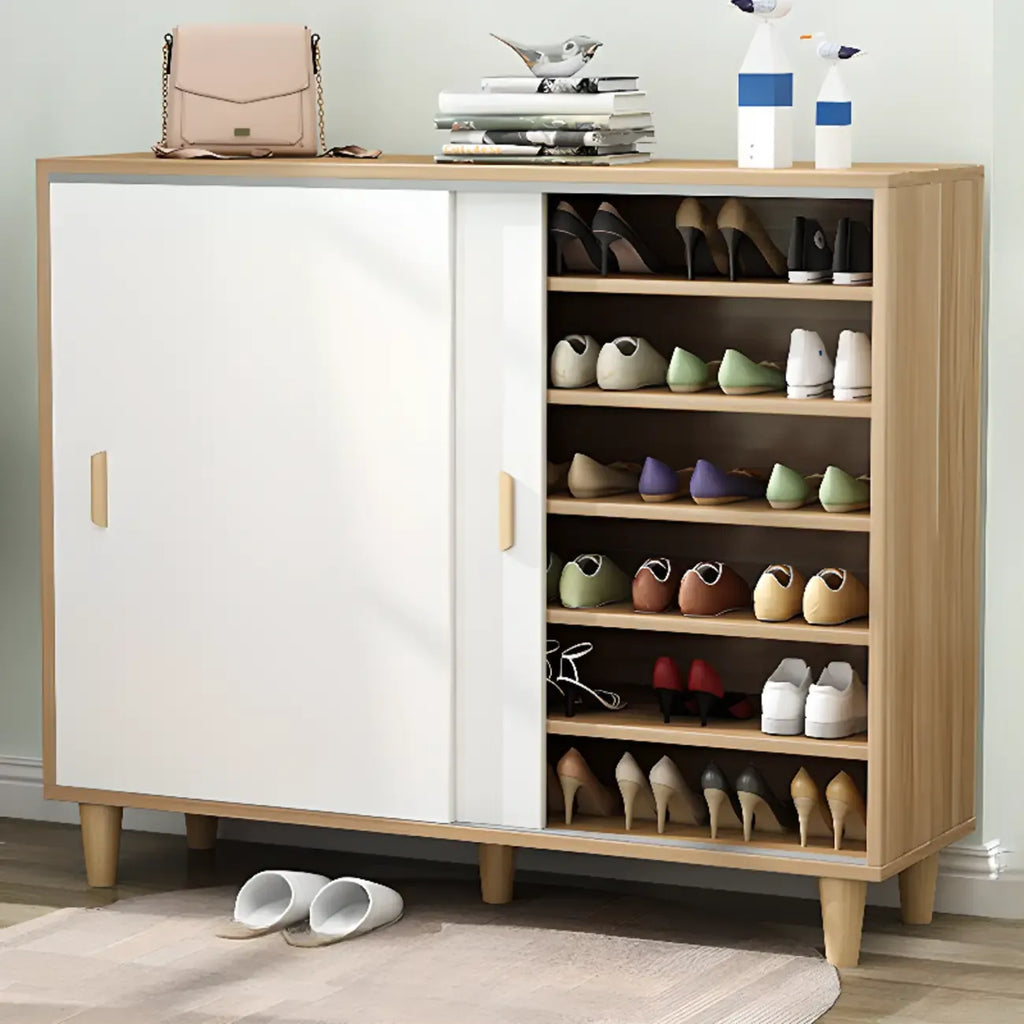 Freestanding Spacious Sliding Door 6-Tier Wood Shoe Cabinet