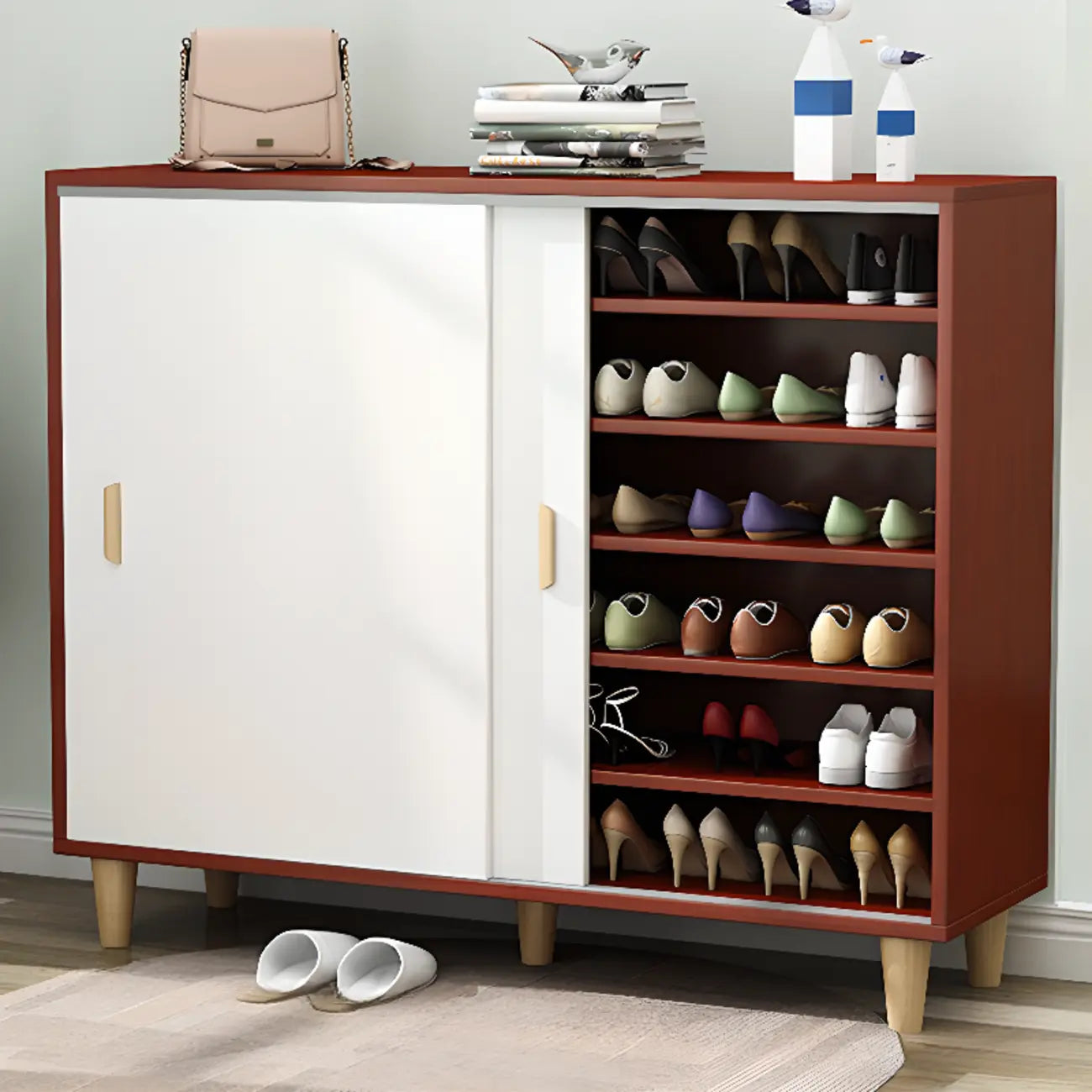 Freestanding Spacious Sliding Door 6-Tier Wood Shoe Cabinet