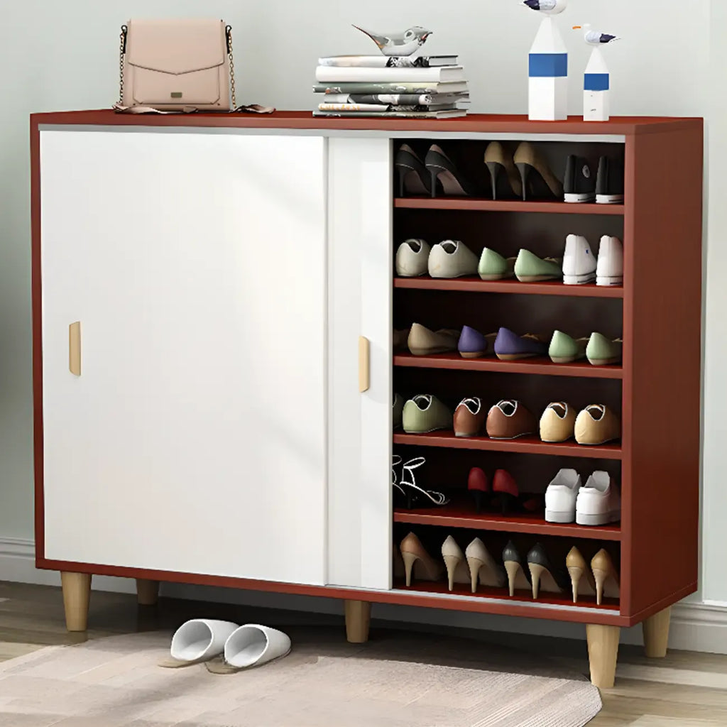 Freestanding Spacious Sliding Door 6-Tier Wood Shoe Cabinet