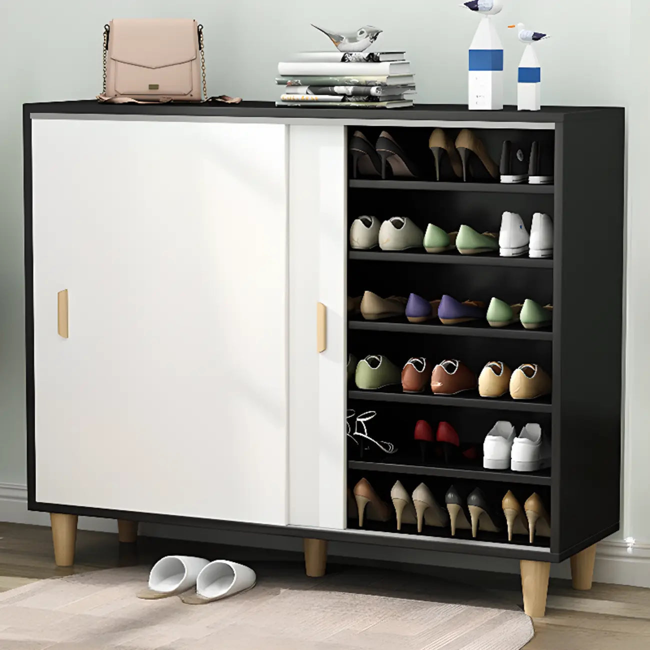 Freestanding Spacious Sliding Door 6-Tier Wood Shoe Cabinet