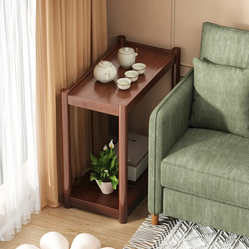 Minimalist Brown 2-Tier Tray Top Wooden End Table with Rollers