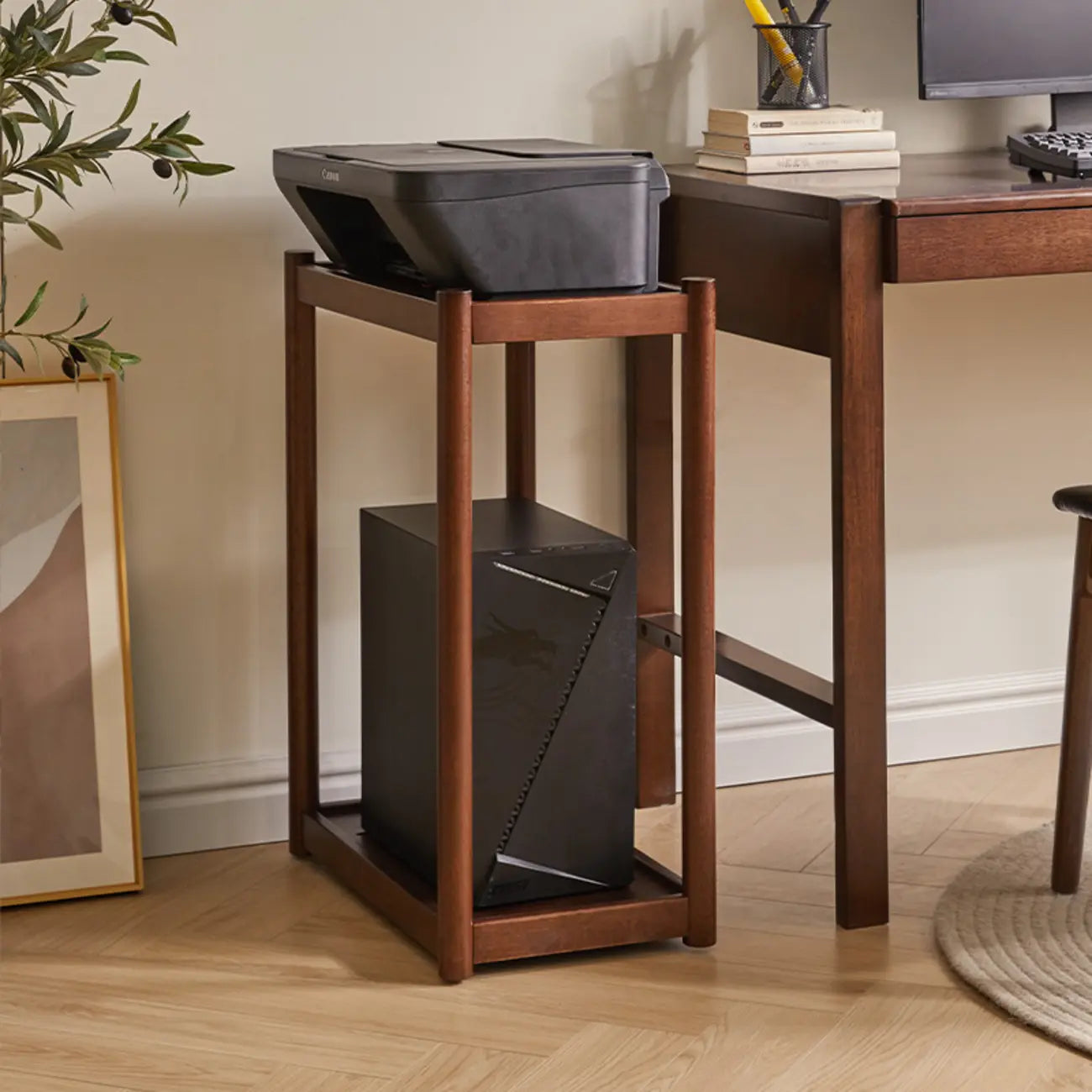 Minimalist Brown 2-Tier Tray Top Wooden End Table with Rollers
