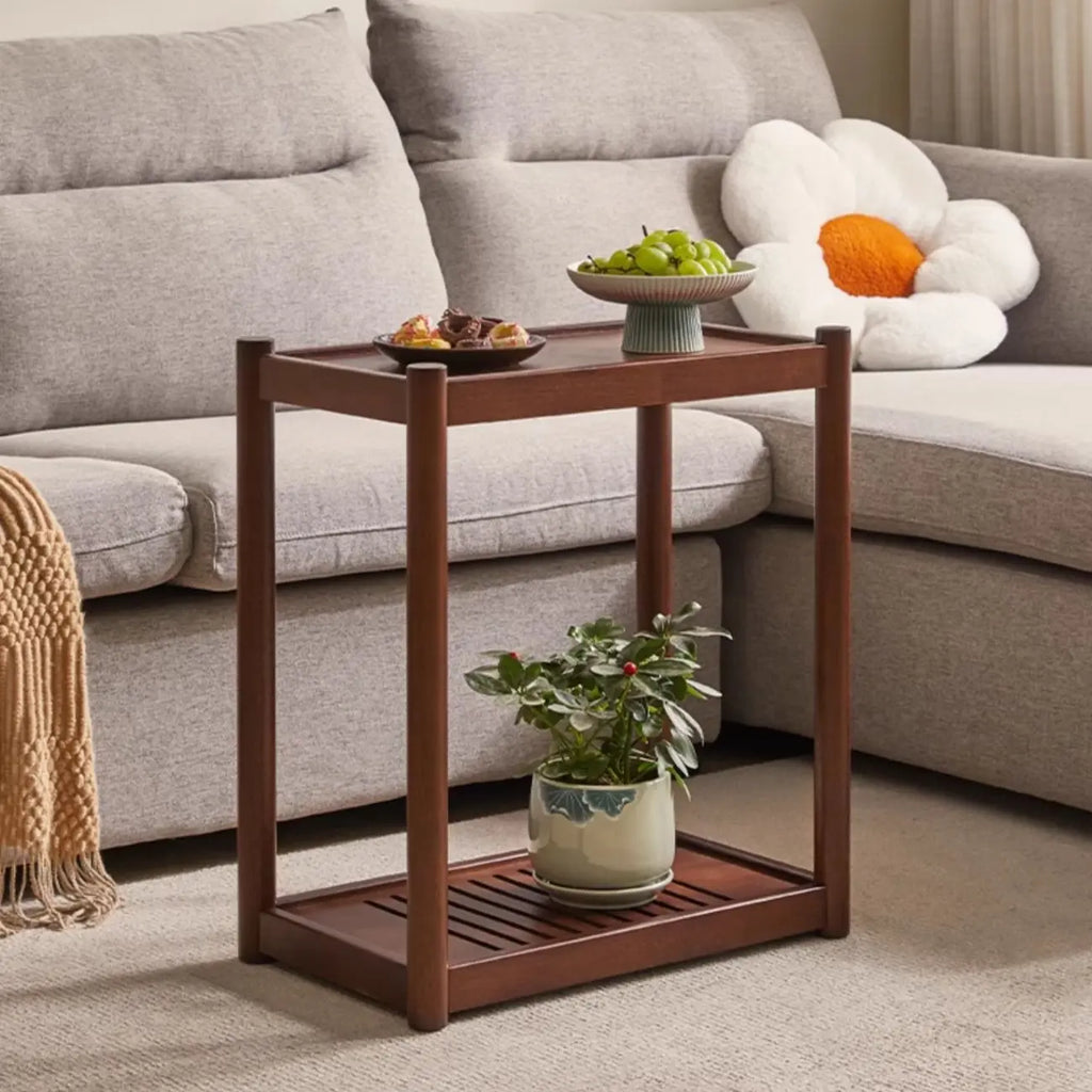Minimalist Brown 2-Tier Tray Top Wooden End Table with Rollers