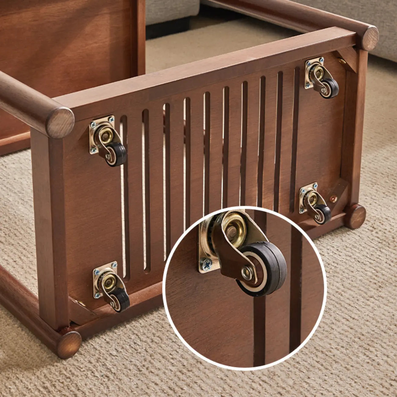 Minimalist Brown 2-Tier Tray Top Wooden End Table with Rollers