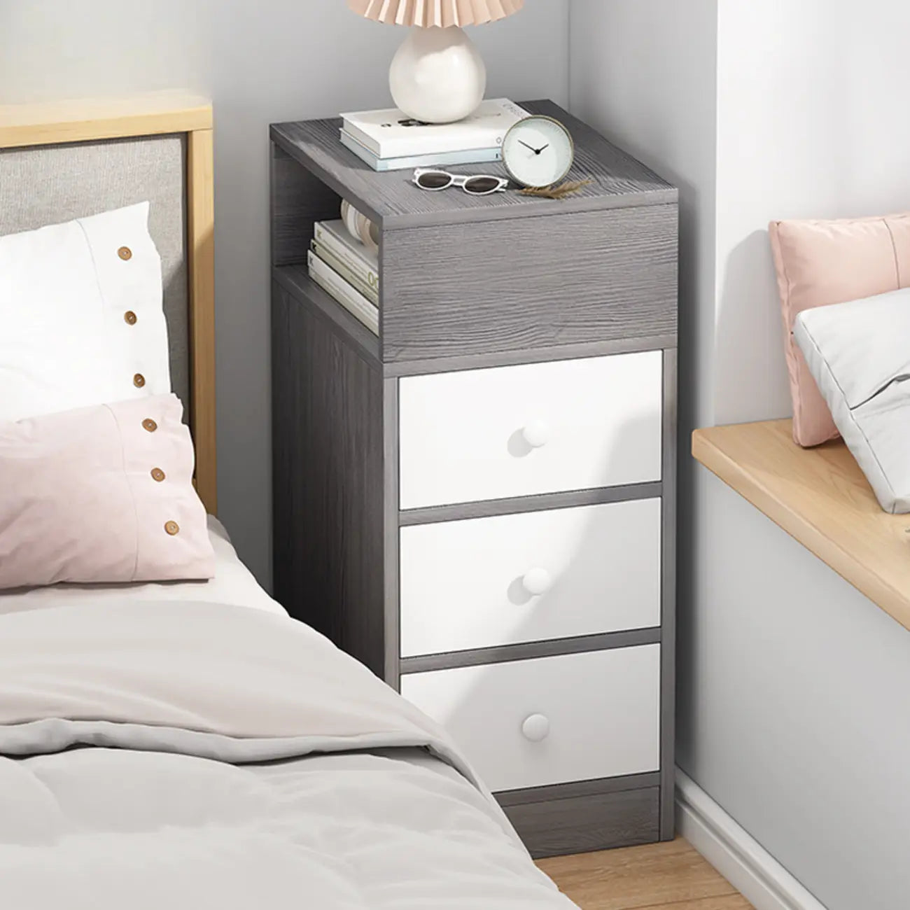 Natural Finish Casual Engineered Wood 3 Drawer Nightstand