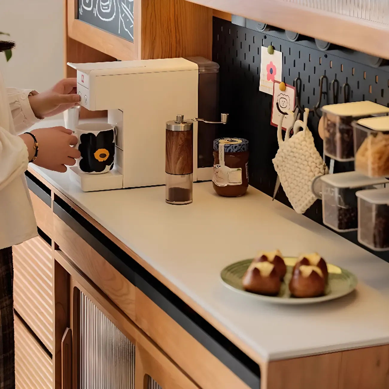 Modern Wood Sideboard with Cabinets and Stone Top