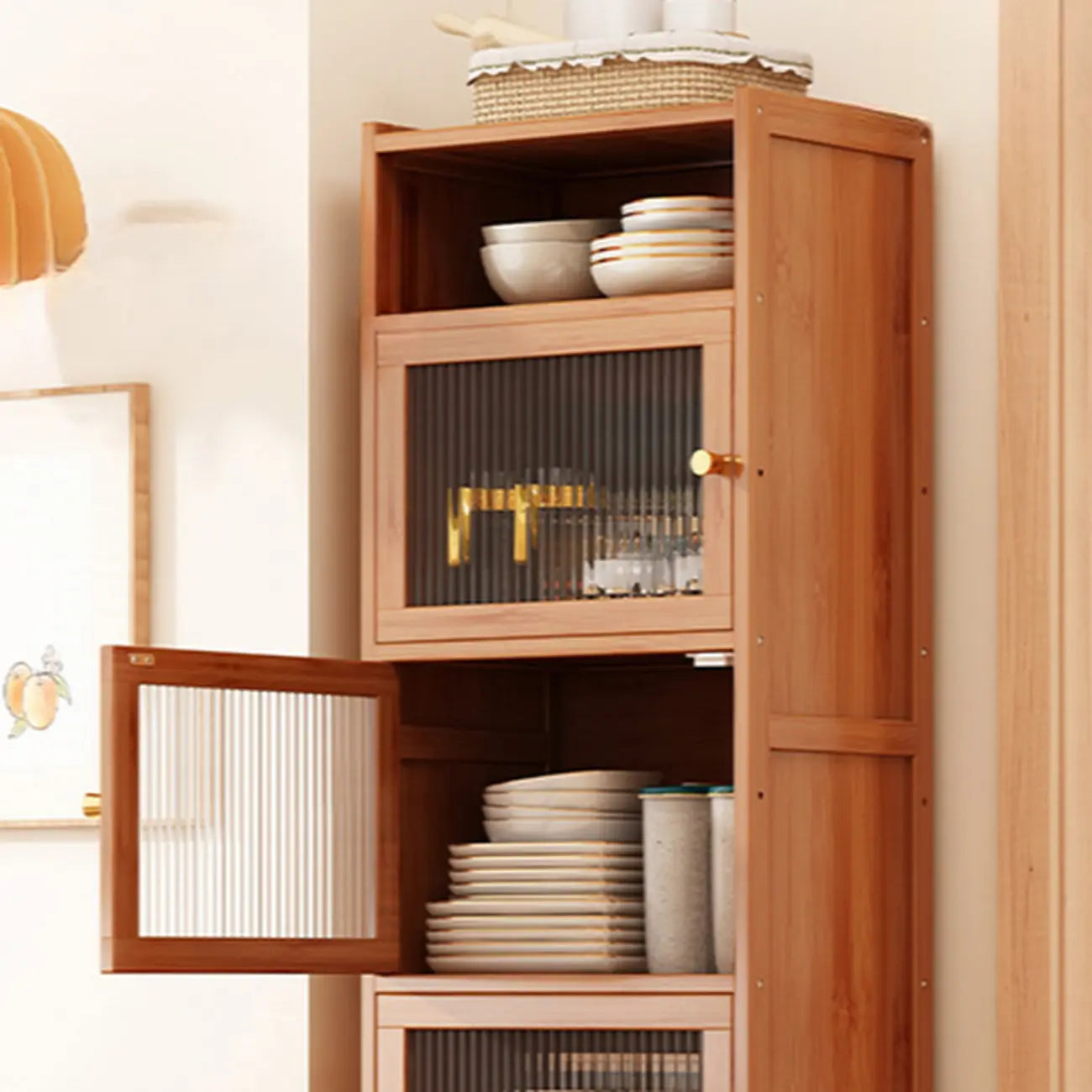 Modern Narrow Bamboo Buffet with Wooden Countertop