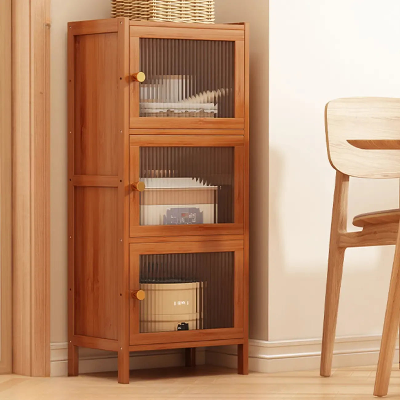 Modern Narrow Bamboo Buffet with Wooden Countertop