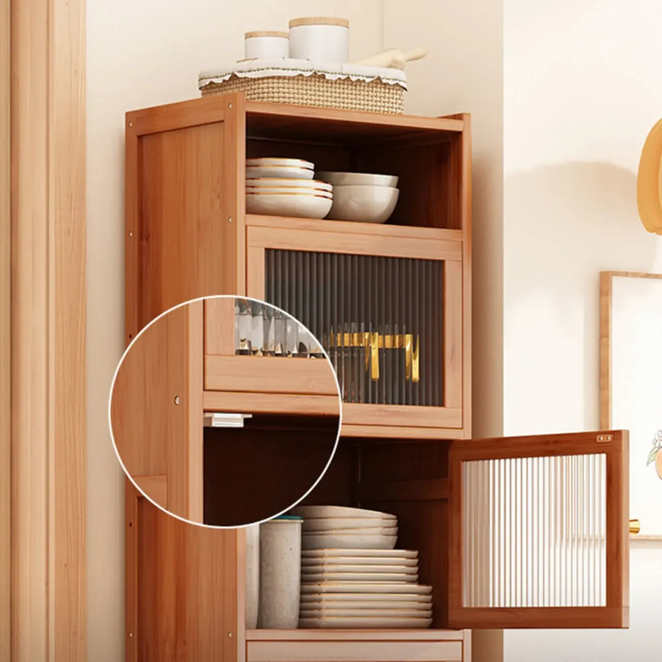 Modern Narrow Bamboo Buffet with Wooden Countertop