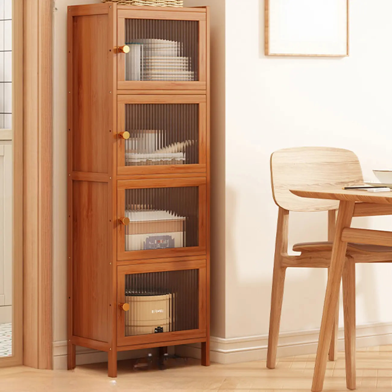 Modern Narrow Bamboo Buffet with Wooden Countertop