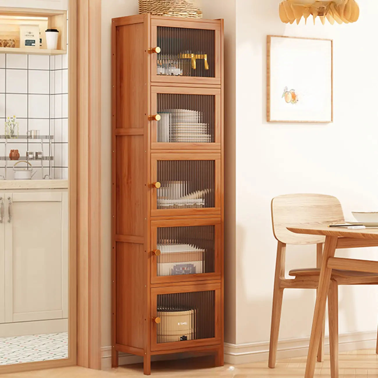 Modern Narrow Bamboo Buffet with Wooden Countertop