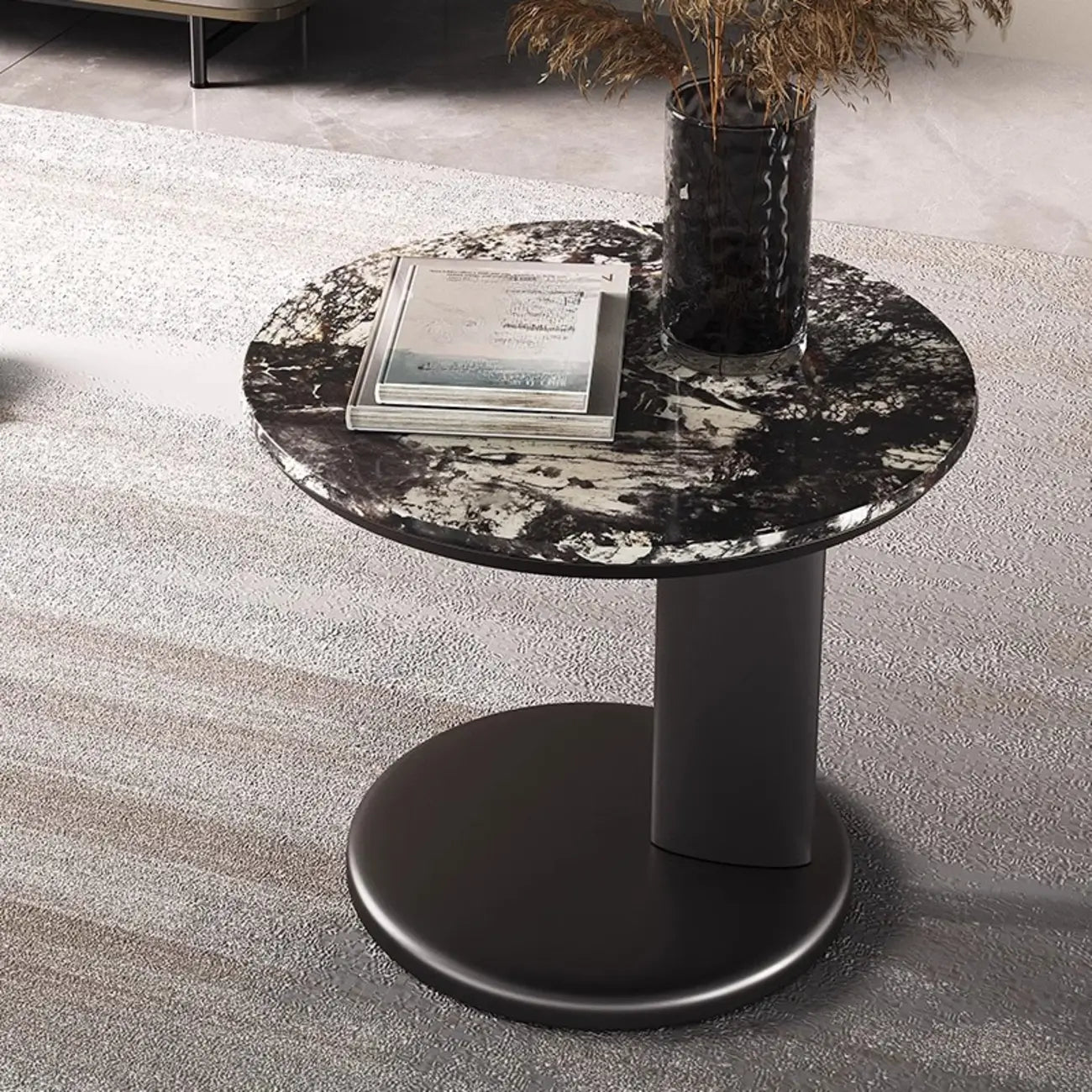 Modern Black Round C-shaped Side Table With Stone Top