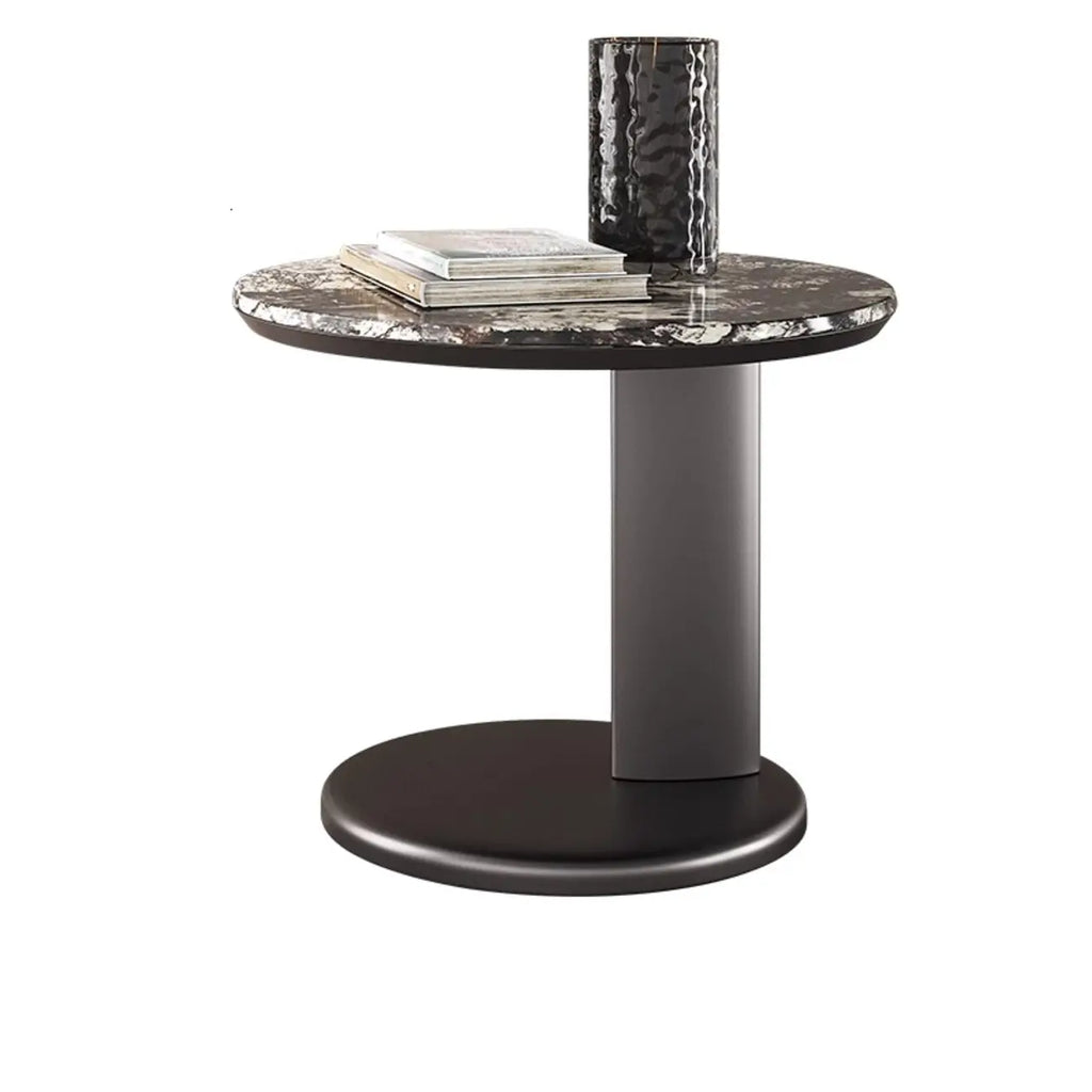 Modern Black Round C-shaped Side Table With Stone Top